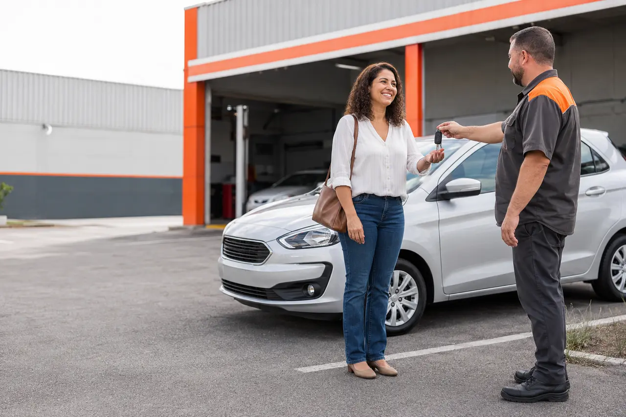 Associada recebendo as chaves de um carro reserva