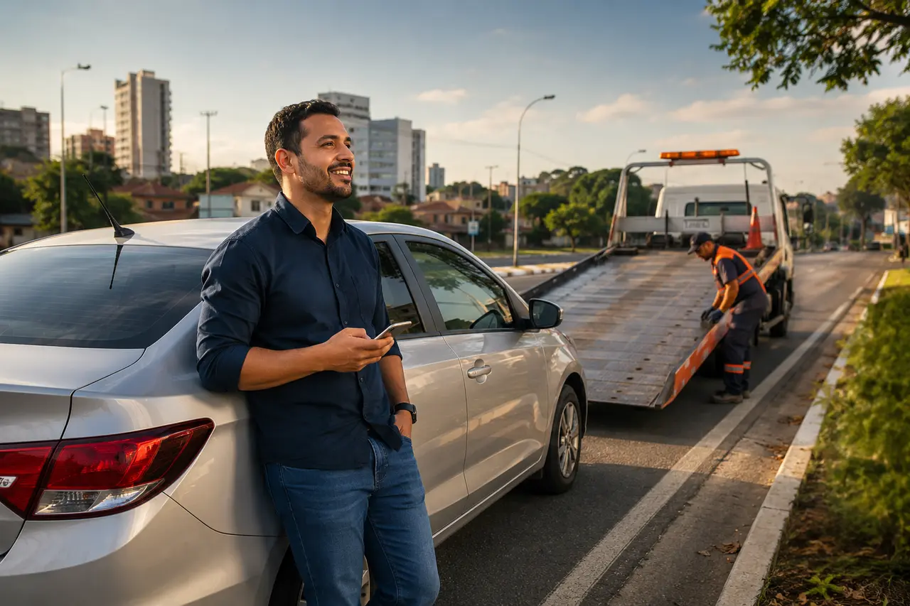 Motorista recebendo assistência de guincho após uma pane