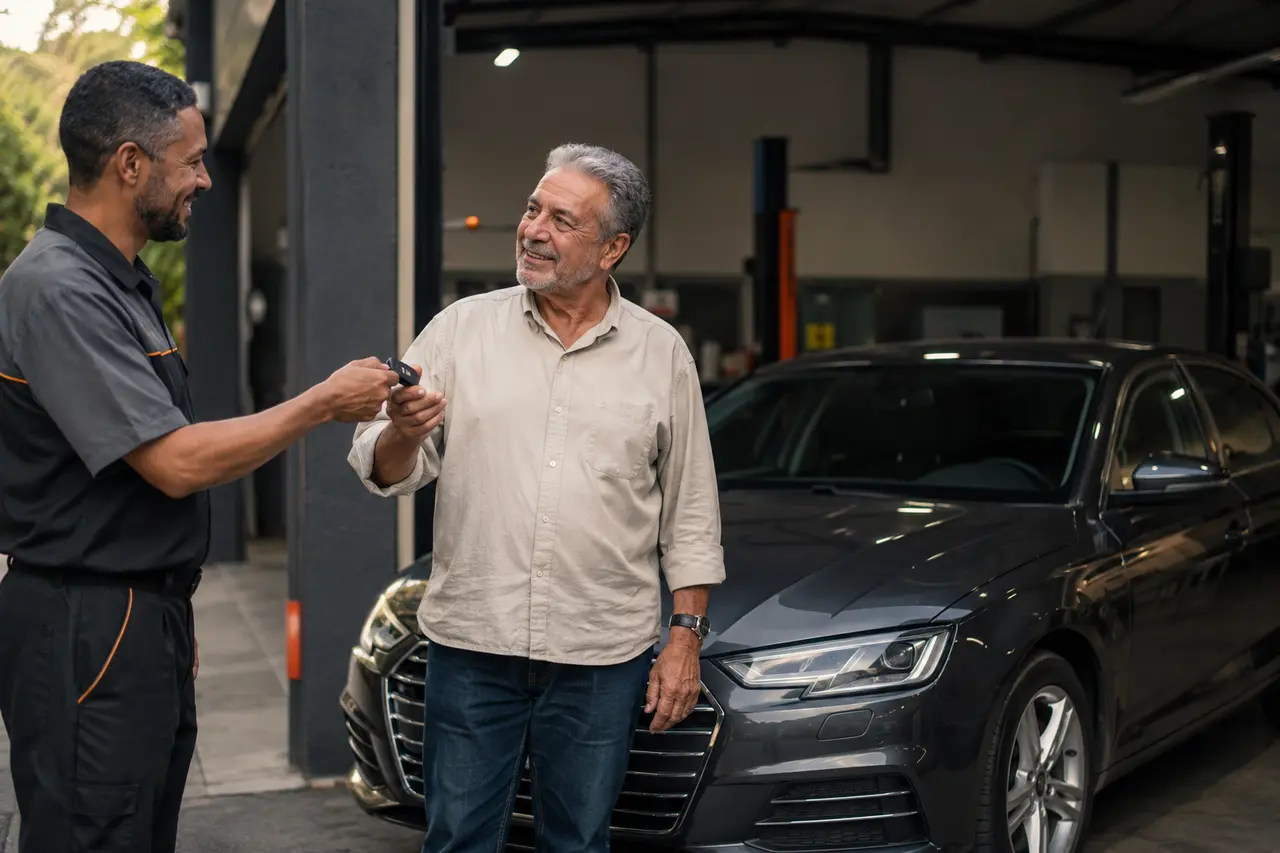 Associado recebendo o veículo reparado na oficina